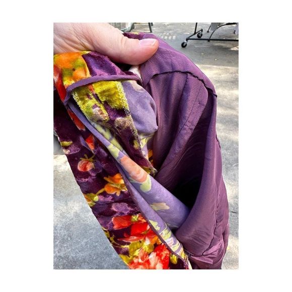 60s Scooter Dress Royal Purple Satin & Multicolor Floral Velvet Drop Waist Sm - Picture 14 of 16